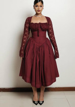 Women's Spring Chic Square Neck Lace Long Sleeve Slim Waist Solid Color Maxi Dress