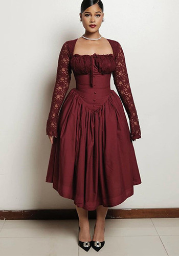 Women's Spring Chic Square Neck Lace Long Sleeve Slim Waist Solid Color Maxi Dress