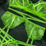 Women's Fluorescent Color Fashionable Embroidered Sexy Three Pieces Lingerie Set