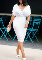 Solid Color Strapless V-Neck Half Sleeves Bubble Fashion Dress