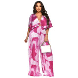 Fashion Women's V-Neck Print Pleated Casual Jumpsuit