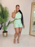 Women's Solid Color Slash Shoulder Sleeveless Two Piece Shorts Set