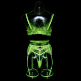 Women's Fluorescent Color Fashionable Embroidered Sexy Three Pieces Lingerie Set