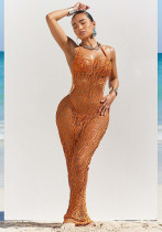 Women's Sexy Solid Color Two Piece Bikini Hollow Backless Halter Neck Beach Long Dress Three Piece Set