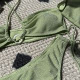 Glossy Four-Piece Drawstring Set Lace-Up Bikini Swimsuit With Sun Sleeves