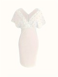 Solid Color Strapless V-Neck Half Sleeves Bubble Fashion Dress