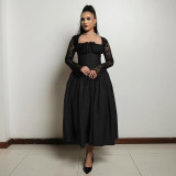 Women's Spring Chic Square Neck Lace Long Sleeve Slim Waist Solid Color Maxi Dress