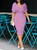 Solid Color Strapless V-Neck Half Sleeves Bubble Fashion Dress