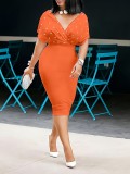 Solid Color Strapless V-Neck Half Sleeves Bubble Fashion Dress