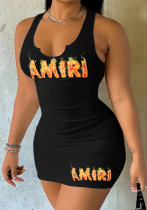 Summer Letter Print Strap Slim Casual Dress