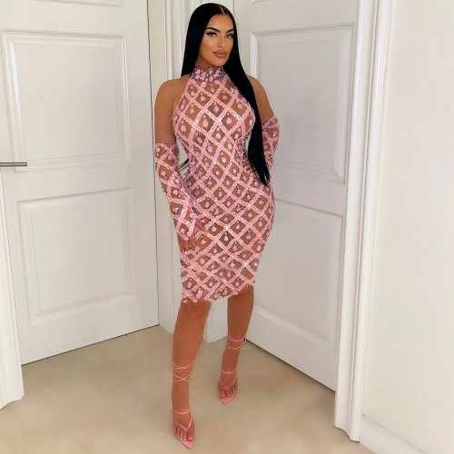 Fashionable Sleeveless Sequined Dress With Gloves