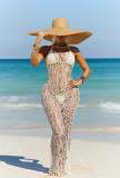 Women's Sexy Solid Color Two Piece Bikini Hollow Backless Halter Neck Beach Long Dress Three Piece Set