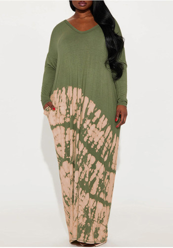 Plus Size Women's Printed V Neck Long Sleeve Loose Dress