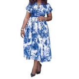 Plus Size Women Printed Stand Collar Belted Dress