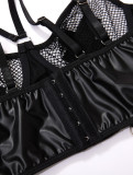 Plus Size Women pu Leather Fishnet See-Through Sexy Lingerie Two-piece Set
