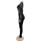 Solid color beaded mesh long-sleeved jumpsuit