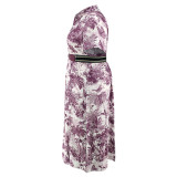 Plus Size Women Printed Stand Collar Belted Dress