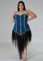 Plus Size Women Suspender Off Shoulder Denim Patchwork Mesh Dress