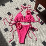 Women Solid Rose Drawstring Lace-Up swimwear Bikini Two Pieces