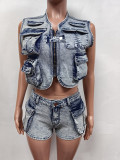 Denim Shorts Multi-Pocket Sleeveless Two Piece Denim Shorts Set