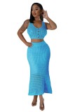 Women tassel fishnet knitting Casual Top and Skirt two-piece set