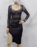 Women Beaded Patchwork See-Through Mesh Dress