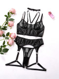 Plus Size Women pu Leather Fishnet See-Through Sexy Lingerie Two-piece Set