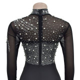 Solid color beaded mesh long-sleeved jumpsuit