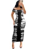 Women Sexy Off Shoulder Print Sleeveless Bodycon Dress