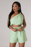 Women's Solid Color Slash Shoulder Sleeveless Two Piece Shorts Set