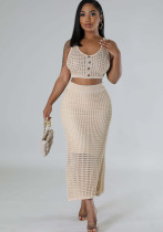 Women tassel fishnet knitting Casual Top and Skirt two-piece set Women tassel fishnet knitting Casual Top and Skirt two-piece set