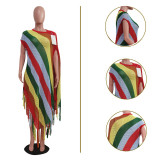 Women knitting Multi-Color Striped Fringe Beach Skirt