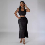 Women tassel fishnet knitting Casual Top and Skirt two-piece set