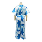 Fashion Women's V-Neck Print Pleated Casual Jumpsuit