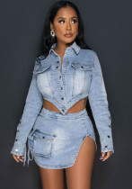Women Washed Button Zipper Straps Irregular Top and Slit Cargo Denim Skirt Two-piece Set Women Washed Button Zipper Straps Irregular Top and Slit Cargo Denim Skirt Two-piece Set