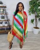 Women knitting Multi-Color Striped Fringe Beach Skirt