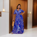 Plus Size Women Bohemian Tie Dye Casual Slit Beach Short Sleeve Dress