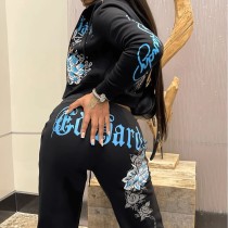 Women's Fashion Casual Print Hooded Two Piece Pants Set