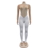 Solid color beaded mesh long-sleeved jumpsuit