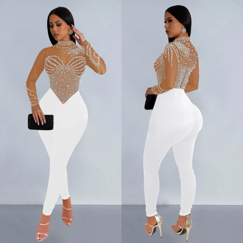 Solid color beaded mesh long-sleeved jumpsuit