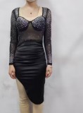 Women Beaded Patchwork See-Through Mesh Dress