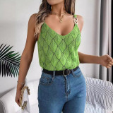 Women Spring Summer Holidays v-neck hollow metal buckle suspender knitting Top