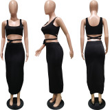 Women's Spring Summer Solid Color Strap Slim Two Piece Skirt Set