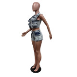 Denim Shorts Multi-Pocket Sleeveless Two Piece Denim Shorts Set