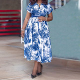 Plus Size Women Printed Stand Collar Belted Dress