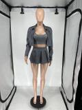 Women's Washed Printed Shirt Vest Pleated Mini Skirt Three-Piece Set
