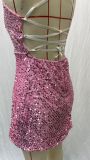 Women French Sequin Backless Bodycon Dress