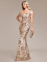Women Square Neck Mermaid Rose Gold Pattern Sequin Sleeveless Party Evening Dress