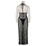 Women's Sexy Solid Color Two Piece Bikini Hollow Backless Halter Neck Beach Long Dress Three Piece Set