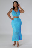 Women tassel fishnet knitting Casual Top and Skirt two-piece set